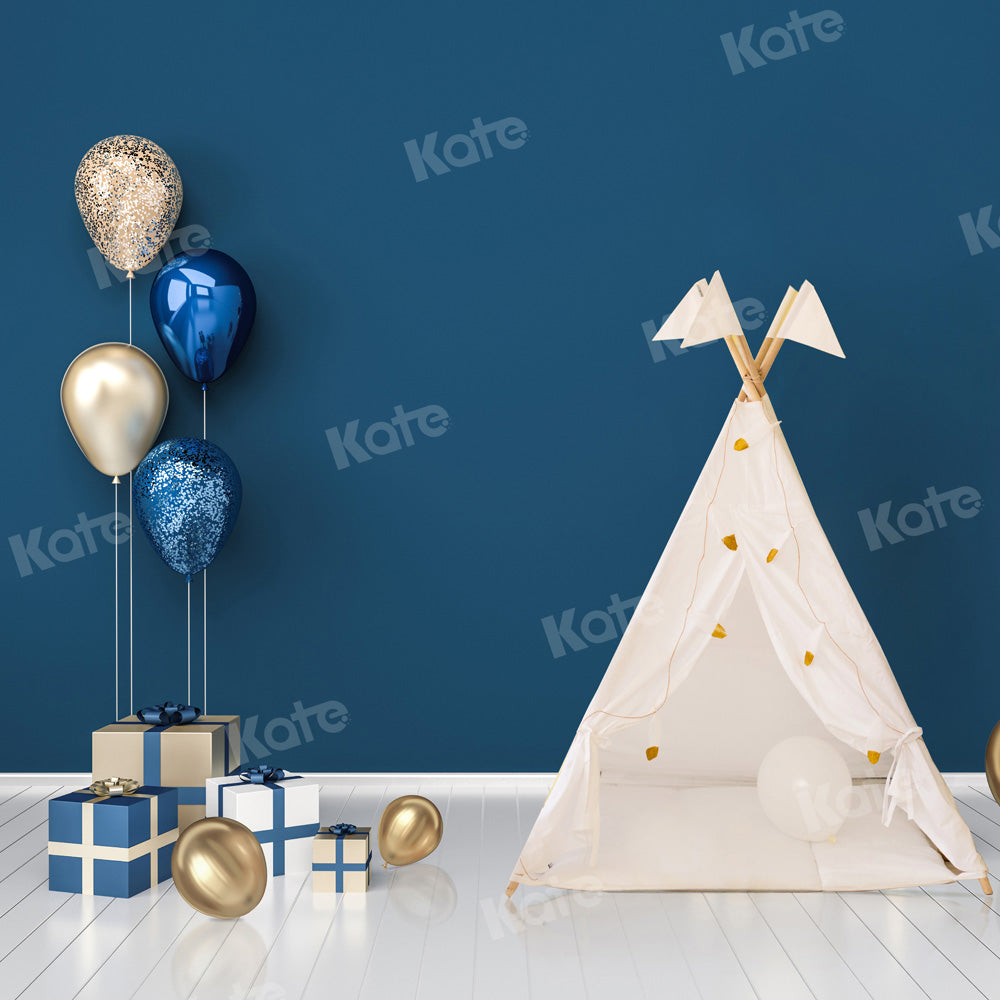 Kate Cake Smash Backdrop Blue Boho Tent Balloons Designed by Chain Photography