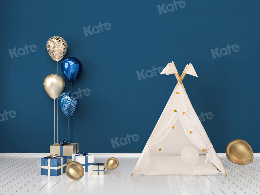 Kate Cake Smash Backdrop Blue Boho Tent Balloons Designed by Chain Photography