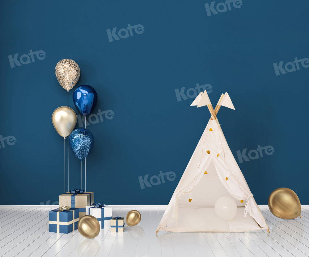 Kate Cake Smash Backdrop Blue Boho Tent Balloons Designed by Chain Photography