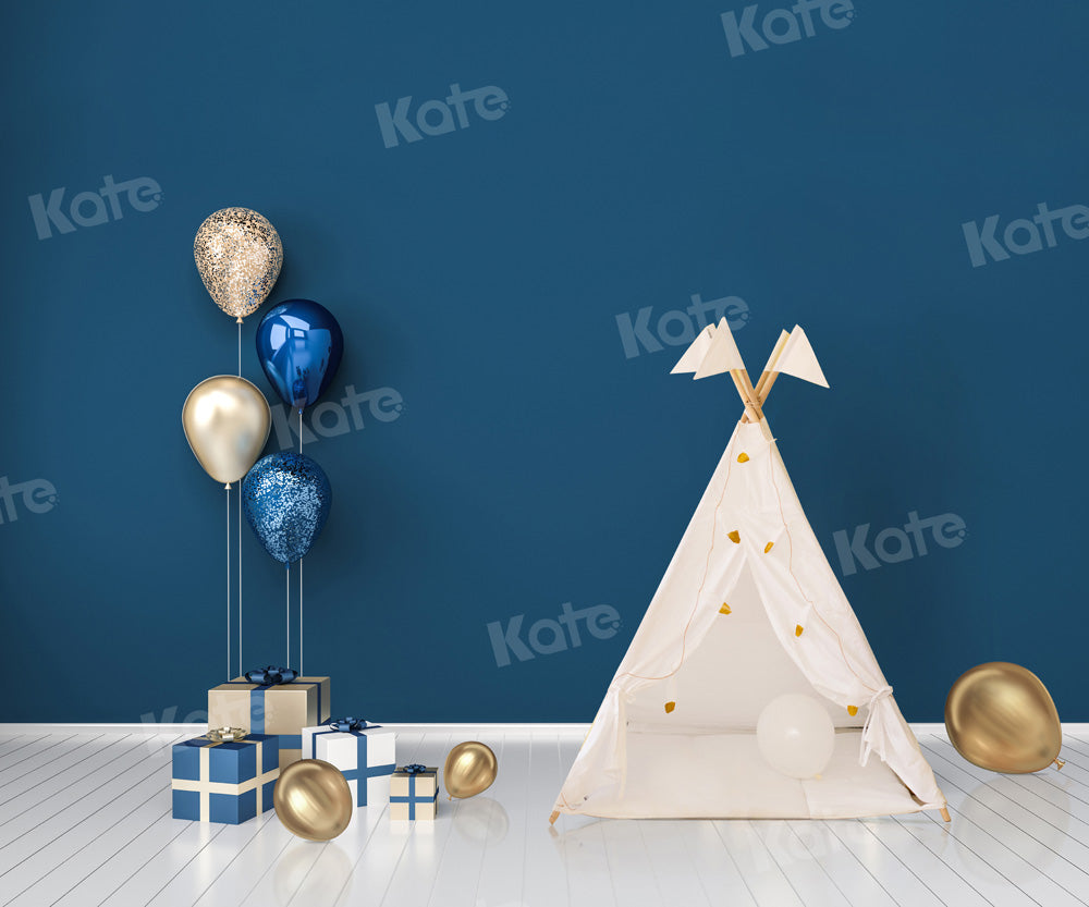 Kate Cake Smash Backdrop Blue Boho Tent Balloons Designed by Chain Photography - Kate Backdrop AU