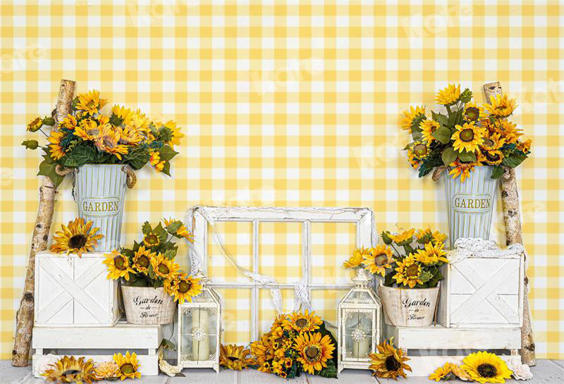 Kate Yellow and White Plaid Backdrop Summer Sunflower for Photography