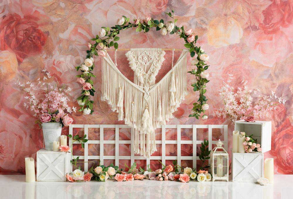 Kate Spring Boho Flowers Backdrop Garland Fence Tapestry Designed by Emetselch - Kate Backdrop AU