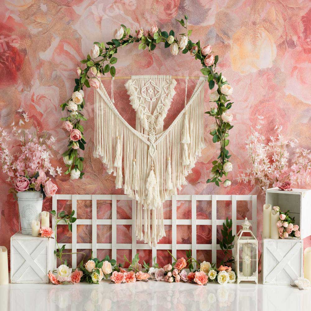 Kate Spring Boho Flowers Backdrop Garland Fence Tapestry Designed by Emetselch - Kate Backdrop AU