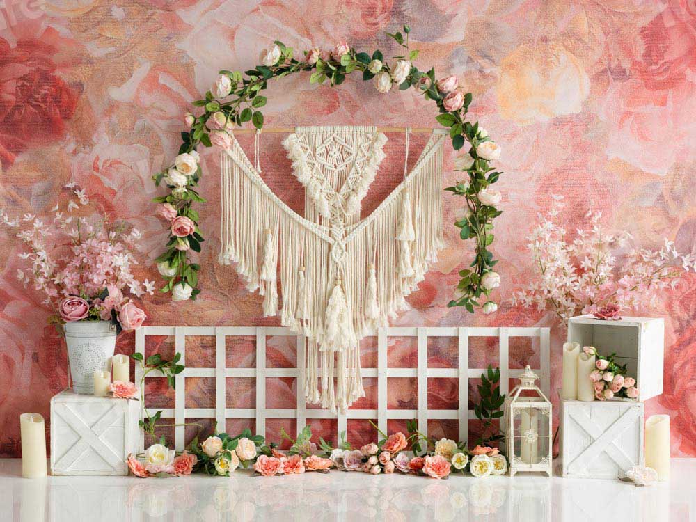 Kate Spring Boho Flowers Backdrop Garland Fence Tapestry Designed by Emetselch - Kate Backdrop AU