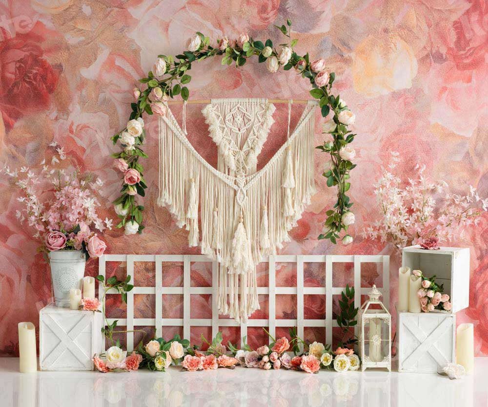 Kate Spring Boho Flowers Backdrop Garland Fence Tapestry Designed by Emetselch - Kate Backdrop AU