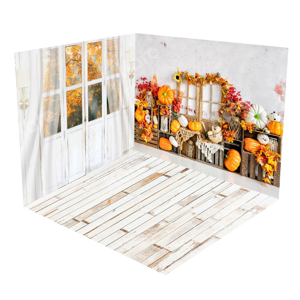 Kate Pumpkin Autumn Maple Leaf Wood Door Room Set(8ftx8ft&10ftx8ft&8ftx10ft) - Kate Backdrop AU