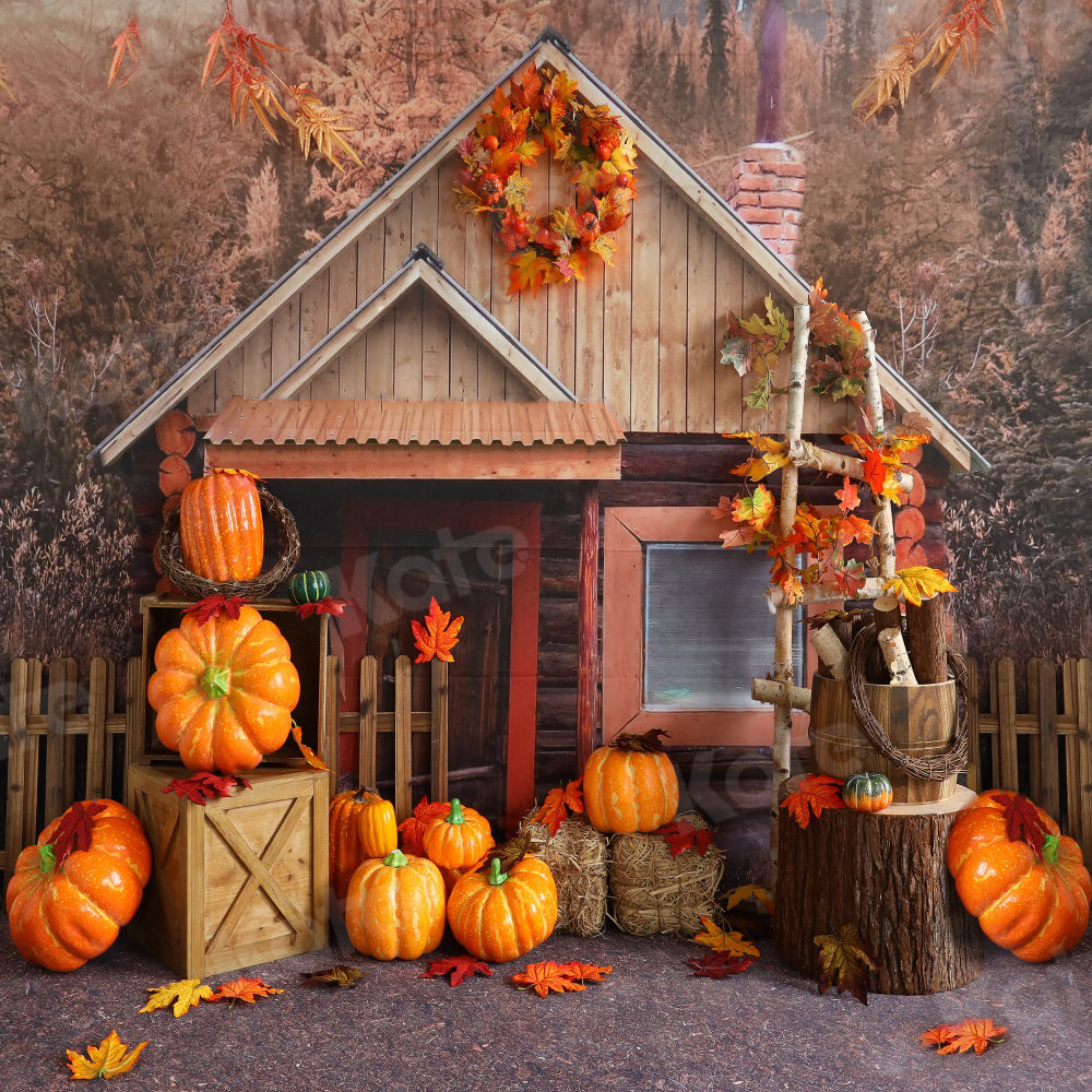 Kate Autumn Backdrop Fall Pumpkin Chalet for Photography