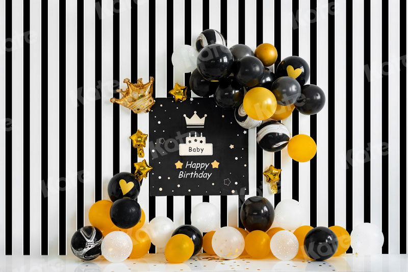 Kate Birthday Balloon Backdrop Black and White Stripes for Photography - Kate Backdrop AU