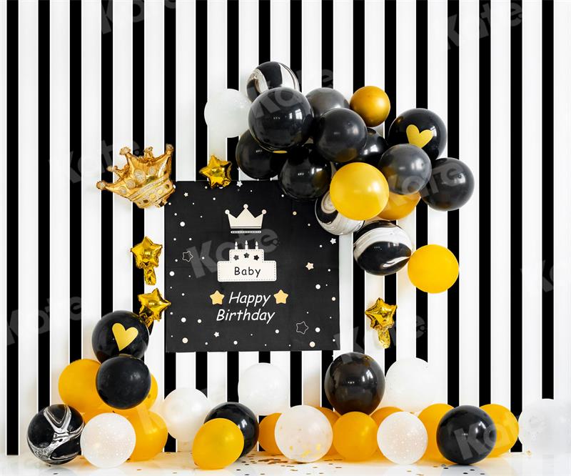 Kate Birthday Balloon Backdrop Black and White Stripes for Photography - Kate Backdrop AU