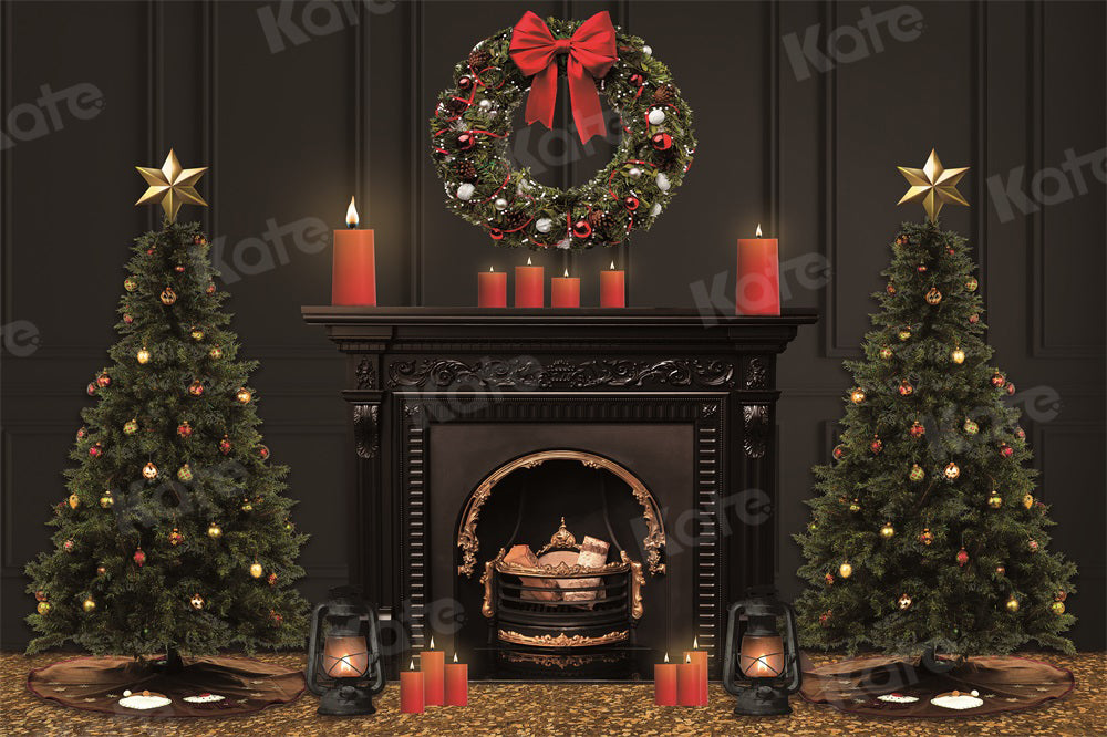 Kate Christmas Tree Backdrop Black Fireplace Vintage Wall for Photography - Kate Backdrop AU