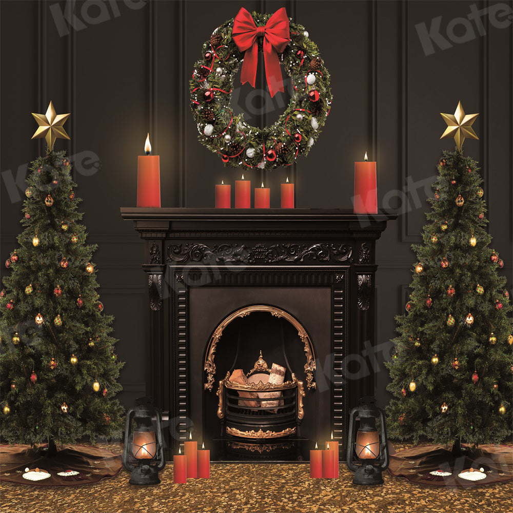 Kate Christmas Tree Backdrop Black Fireplace Vintage Wall for Photography - Kate Backdrop AU