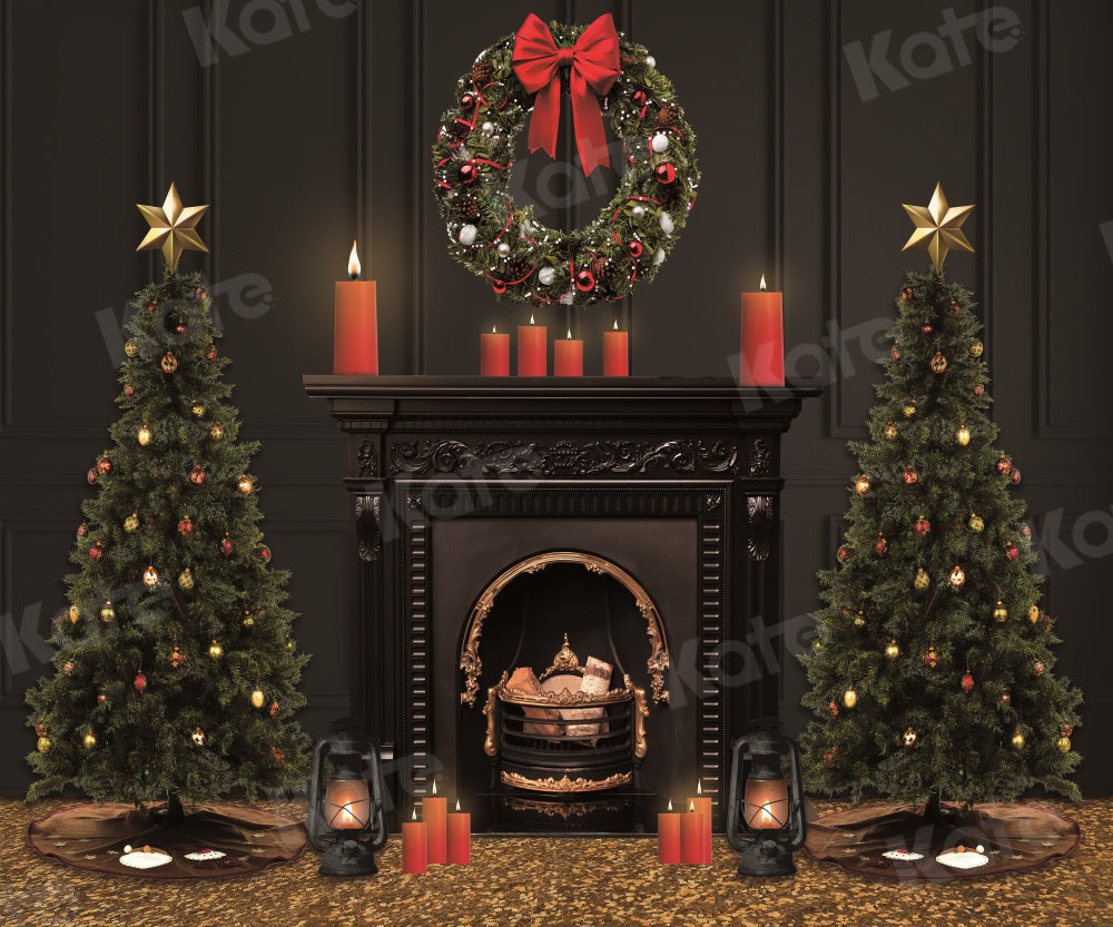 Kate Christmas Tree Backdrop Black Fireplace Vintage Wall for Photography - Kate Backdrop AU