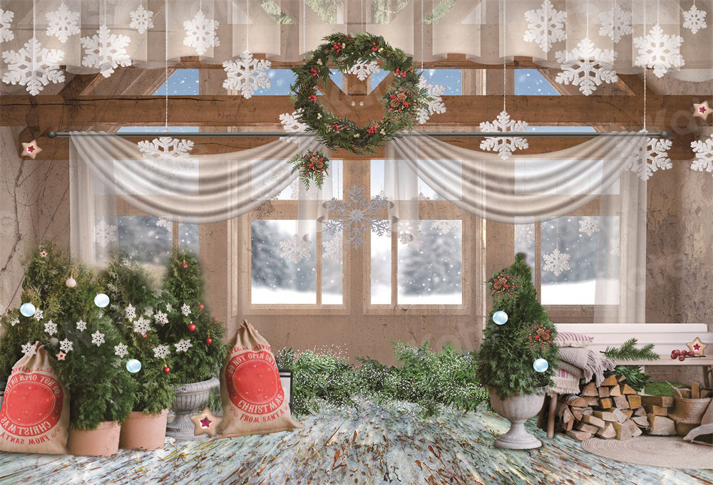Kate Christmas Backdrop Tree Snow Outside Window Wood for Photography