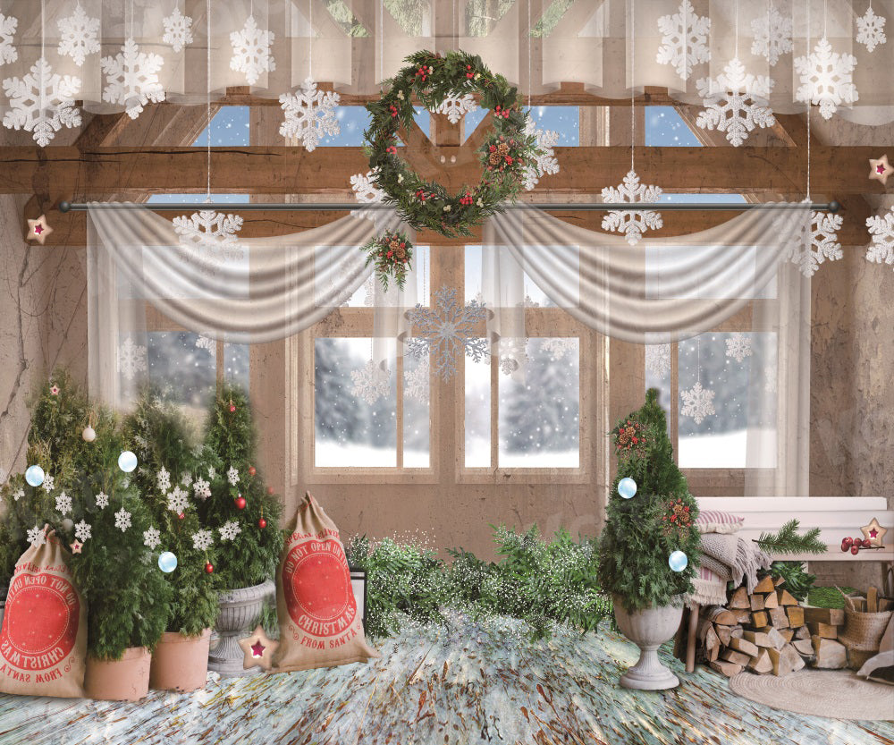 Kate Christmas Backdrop Tree Snow Outside Window Wood for Photography - Kate Backdrop AU