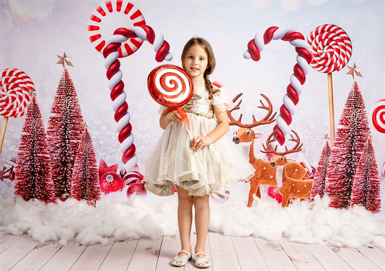 Kate Christmas Snow Elk Candy Backdrop+Kate White Retro Wooden Wall Rubber Floor Mat - Kate Backdrop AU
