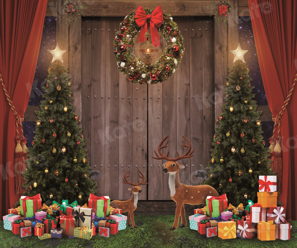 Kate Christmas Tree Backdrop Wooden Door Elk Starry Sky Gift for Photography