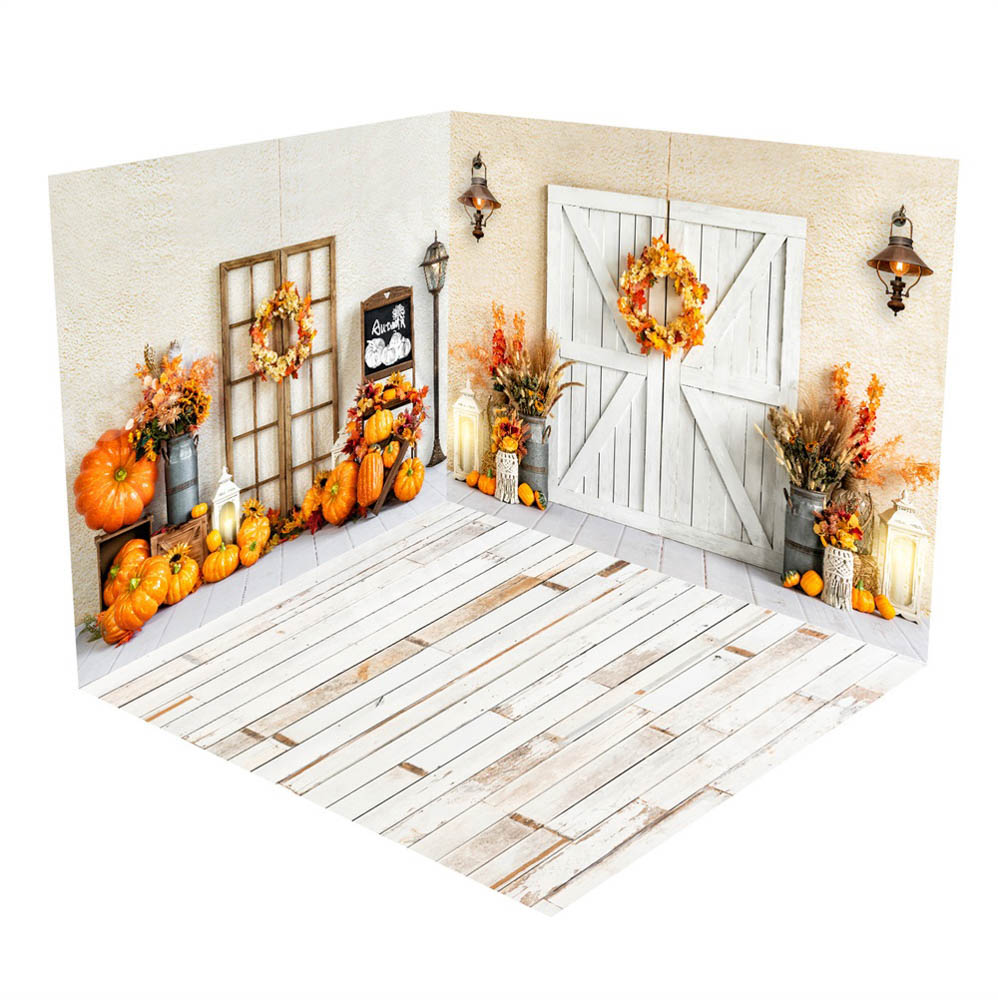 Kate Booh Barn Door Autumn Pumpkin White Wood Grain Room Set(8ftx8ft&10ftx8ft&8ftx10ft)