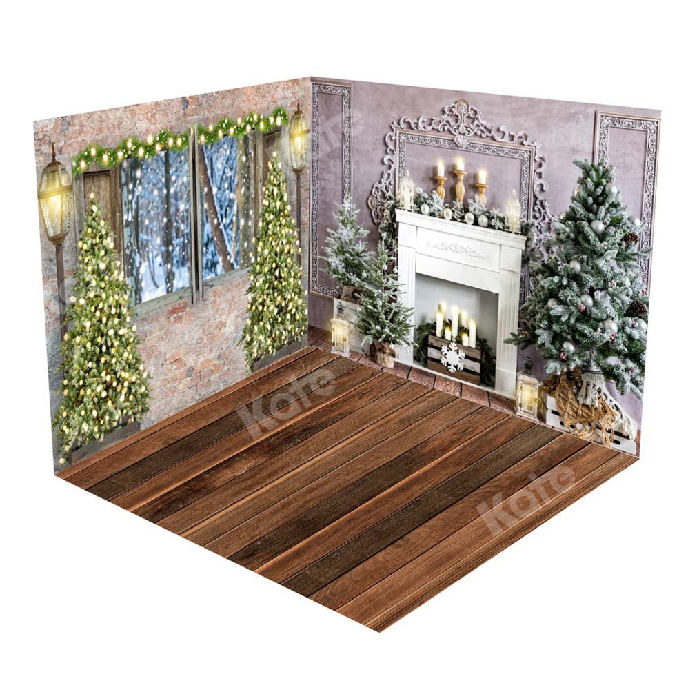 Kate Christmas Brick Wall Fireplace Candle Wood Grain Floor Room Set(8ftx8ft&10ftx8ft&8ftx10ft)