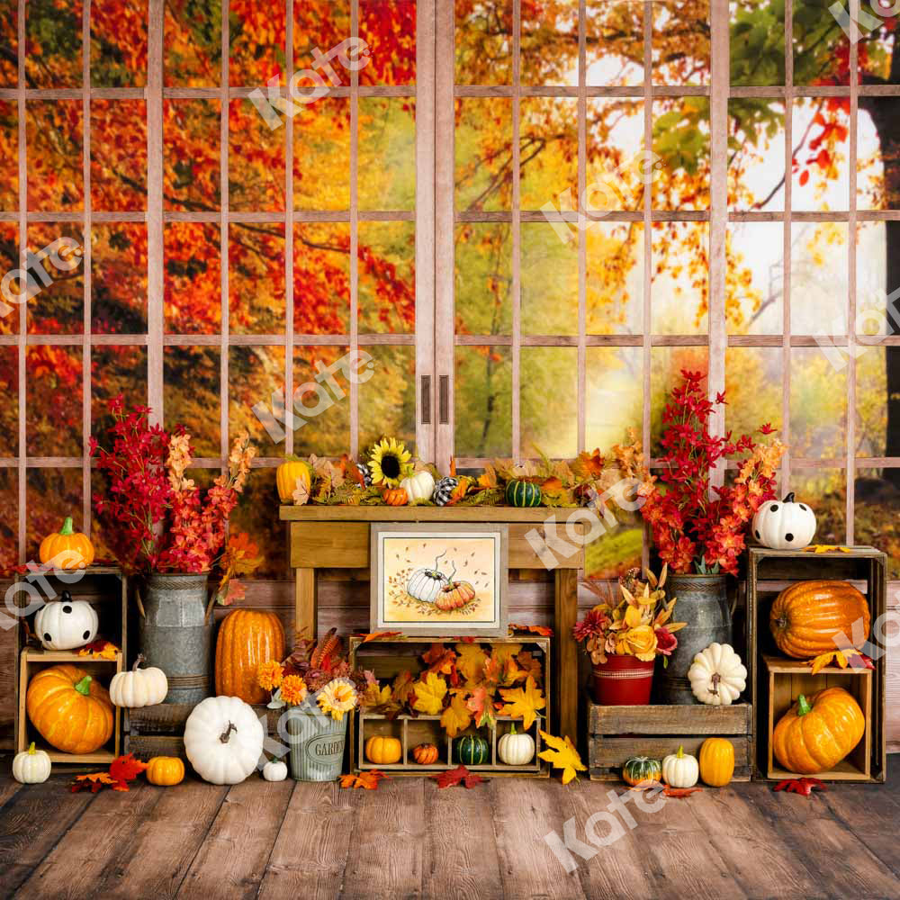 Kate Autumn Backdrop Pumpkin Halloween Thanksgiving Sunflower Window Designed by Uta Mueller Photography