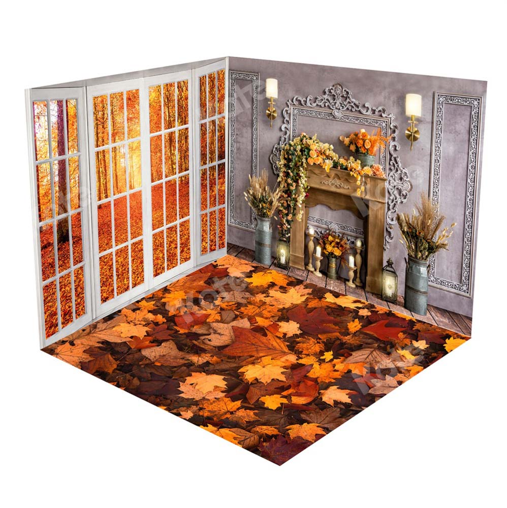 Kate Autumn Fallen Leaves Pumpkin Window Fireplace Candle Room Set(8ftx8ft&10ftx8ft&8ftx10ft) - Kate Backdrop AU