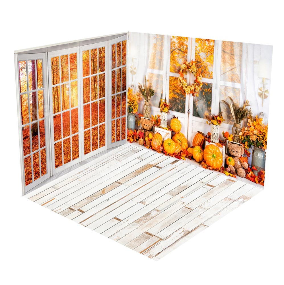 Kate Autumn Maple Leaf Pumpkin Window Wood Room Set(8ftx8ft&10ftx8ft&8ftx10ft) - Kate Backdrop AU