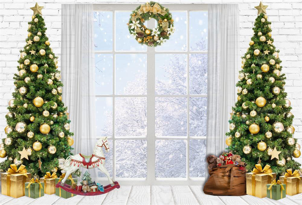 Kate Christmas Tree Backdrop Winter Snow Gift Trojan Horse Window for Photography - Kate Backdrop AU