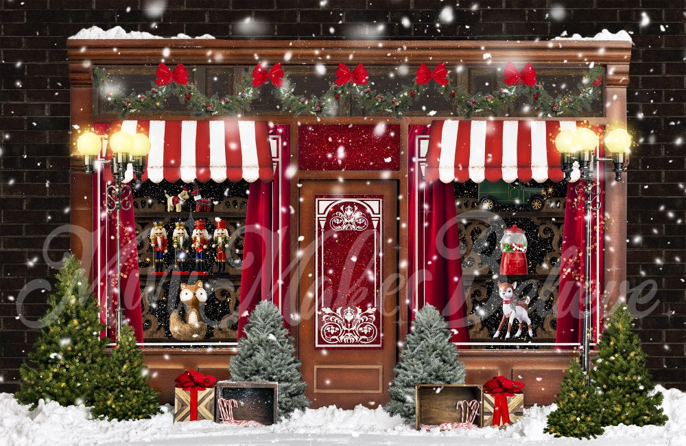 Kate Holiday Christmas Winter Backdrop Vintage Toy Candy Store Santa Dogs Cats Shop Designed by Mandy Ringe Photography