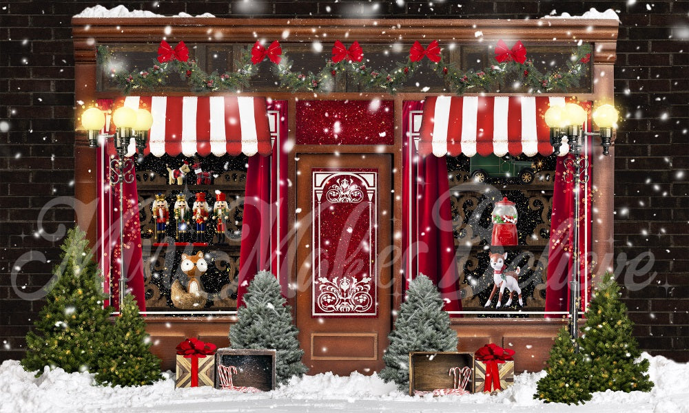 Kate Holiday Christmas Winter Backdrop Vintage Toy Candy Store Santa Dogs Cats Shop Designed by Mandy Ringe Photography