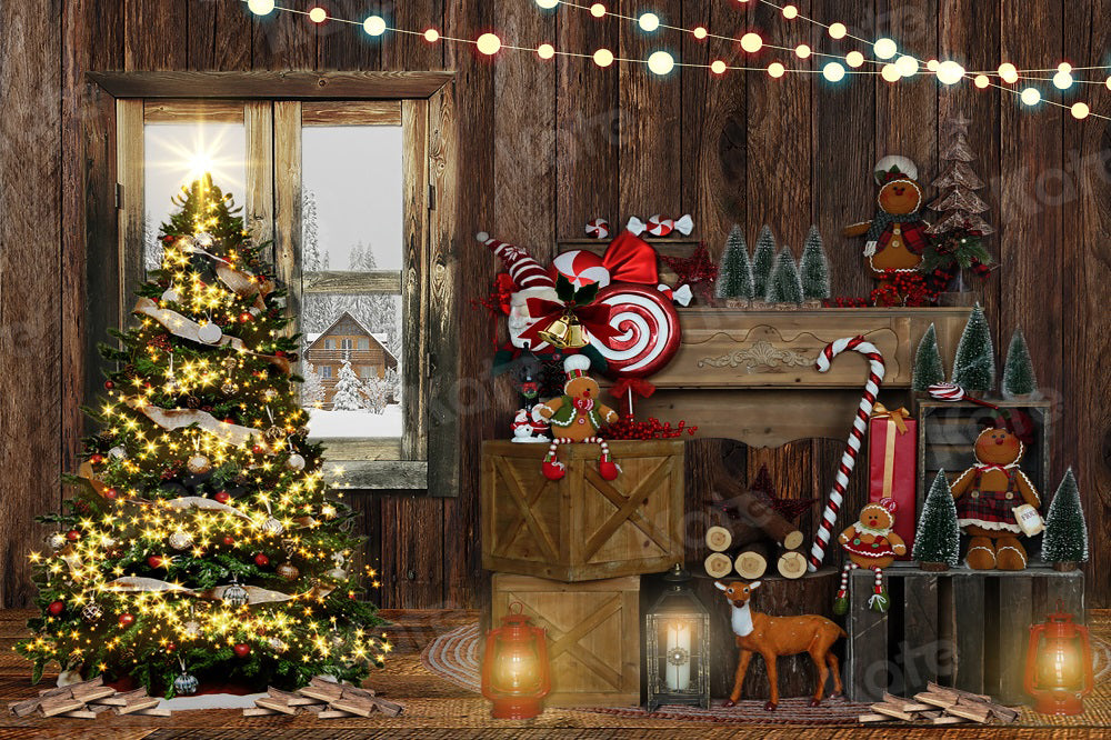 Kate Christmas Tree Backdrop Chalet Fireplace for Photography - Kate Backdrop AU