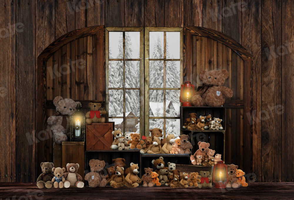 Kate Winter Backdrop Wooden House Bear Toy for Photography