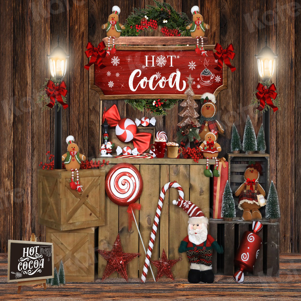 Kate Christmas Backdrop Candy Gingerbread Santa Claus Wood Grain for Photography