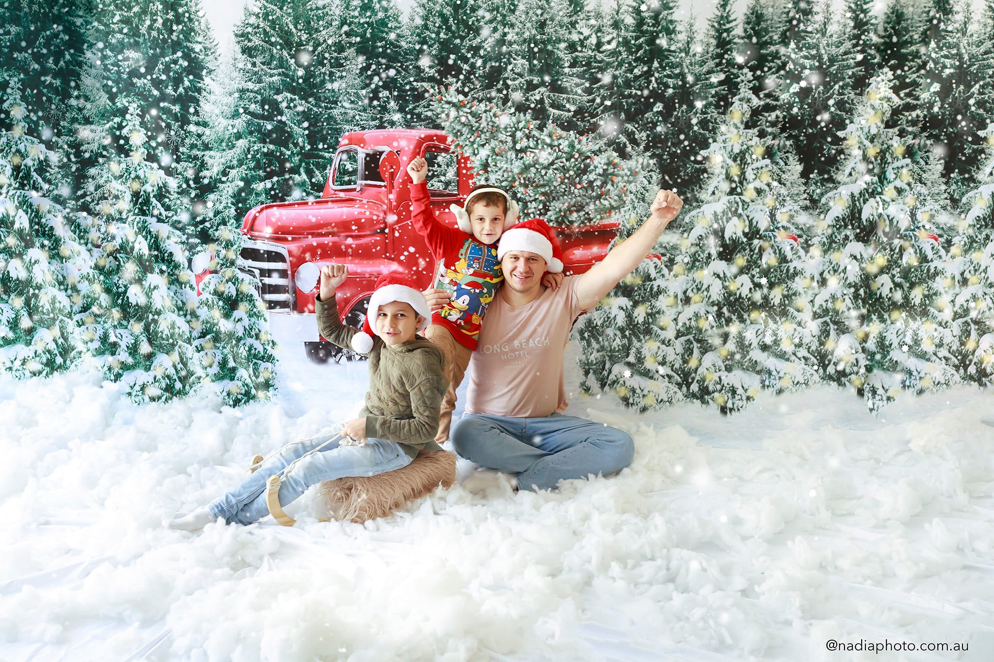 Kate Christmas Snow Backdrop Red Truck Forest for Photography