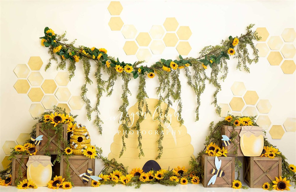 Kate Honey Bee Backdrop Sunflower Cake Smash Photography Designed by Megan Leigh Photography