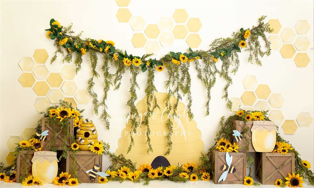Kate Honey Bee Backdrop Sunflower Cake Smash Photography Designed by Megan Leigh Photography