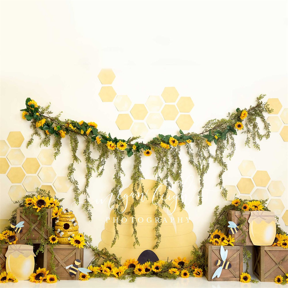 Kate Honey Bee Backdrop Sunflower Cake Smash Photography Designed by Megan Leigh Photography