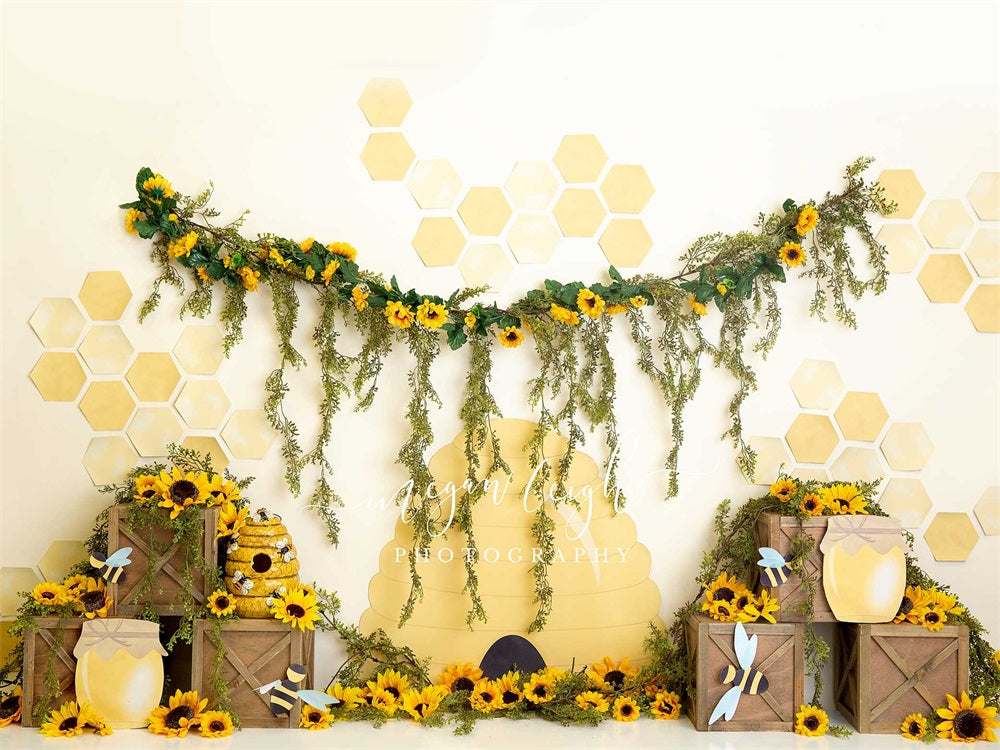 Kate Honey Bee Backdrop Sunflower Cake Smash Photography Designed by Megan Leigh Photography