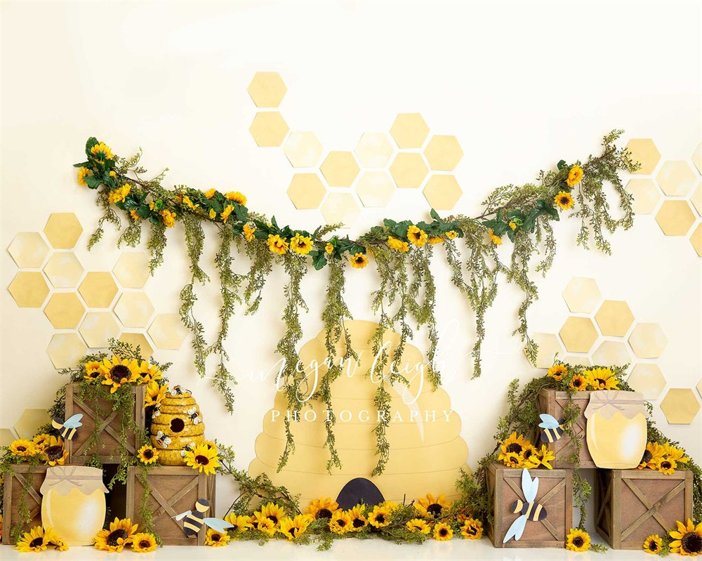 Kate Honey Bee Backdrop Sunflower Cake Smash Photography Designed by Megan Leigh Photography