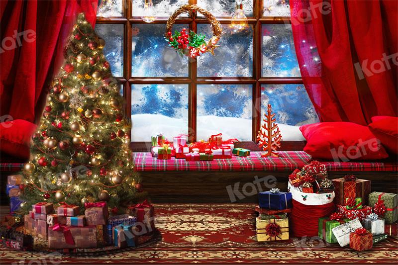 Kate Christmas Tree Gift Backdrop Window Red Tone for Photography