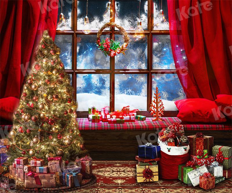 Kate Christmas Tree Gift Backdrop Window Red Tone for Photography