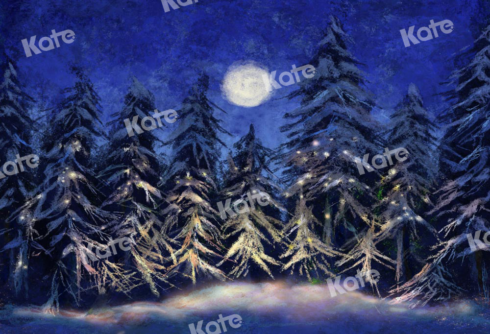 Kate Christmas Backdrop Forest Snow Night Moon Designed by Chain Photography