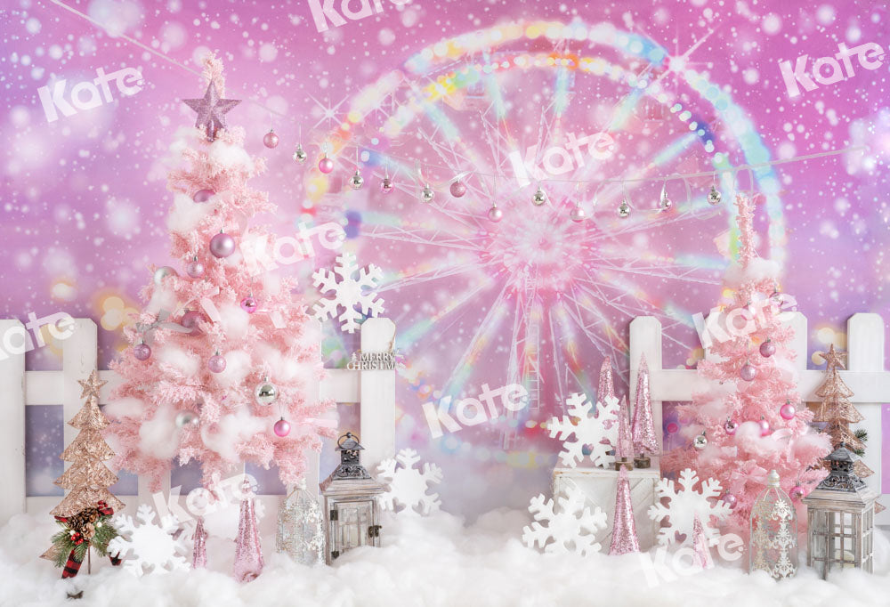 Kate Ferris Wheel Backdrop Snow Pink Christmas Tree Dream Bokeh Designed by GQ