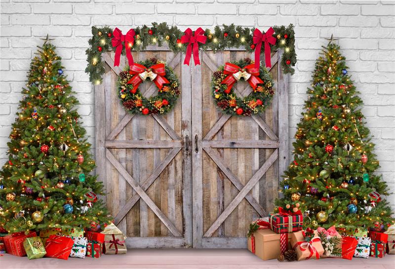 Kate Christmas Tree Gift Backdrop Barn Door White Brick Wall for Photography