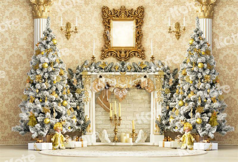 Kate Golden Christmas Backdrop Fireplace Candle for Photography