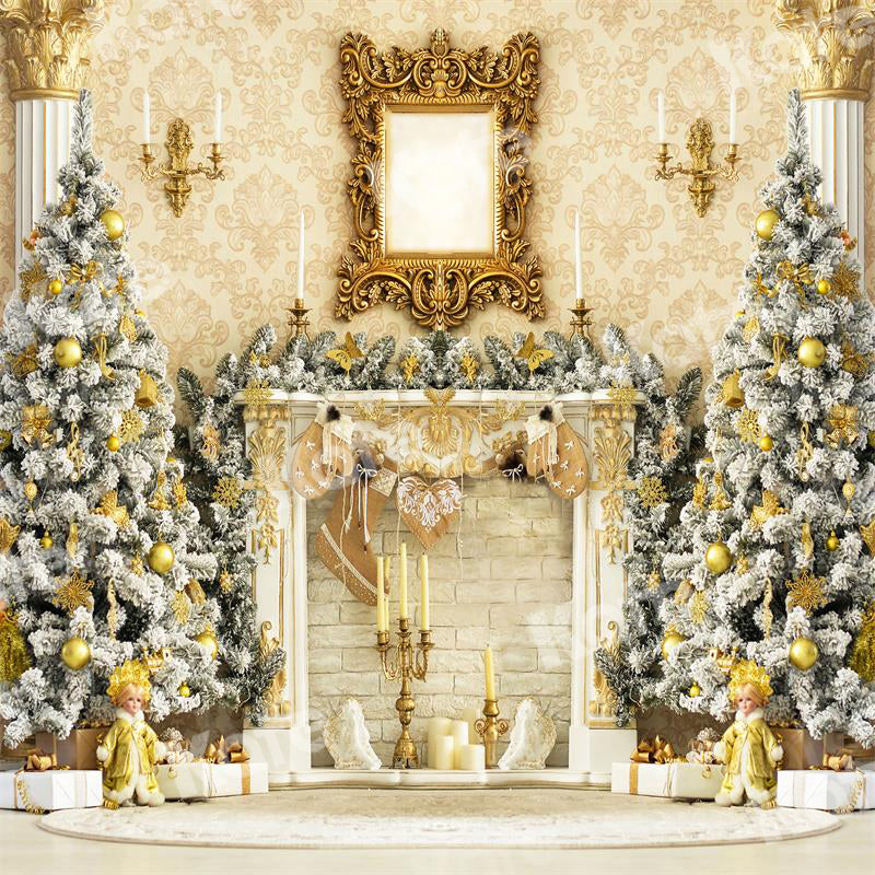 Kate Golden Christmas Backdrop Fireplace Candle for Photography