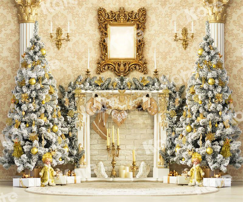 Kate Golden Christmas Backdrop Fireplace Candle for Photography