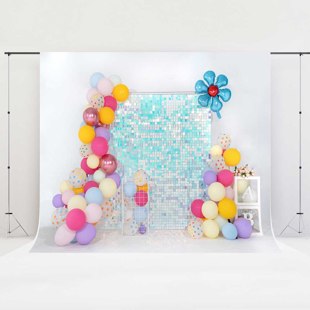 Kate Balloon Party Backdrop Blue Flower Birthday Designed by Emetselch - Kate Backdrop AU