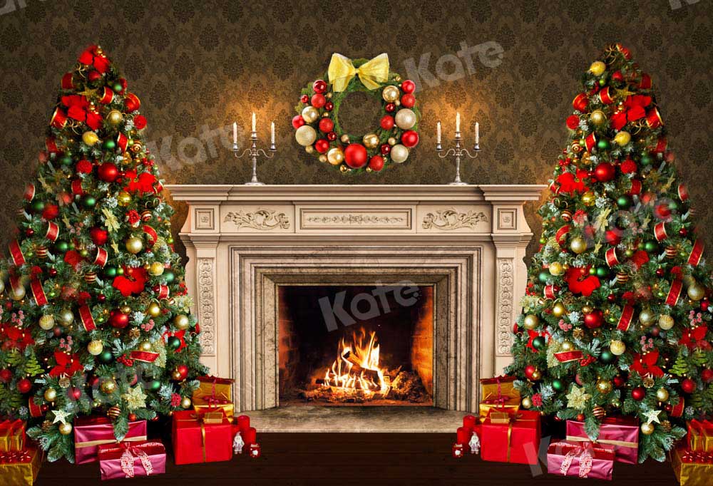 Kate Christmas Tree Fireplace Backdrop Winter Gift Designed by Chain Photography