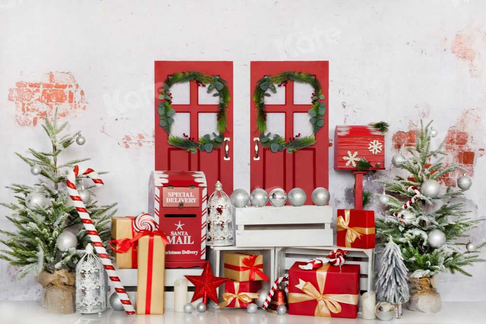 Kate Christmas Backdrop Red Wooden Door Winter Tree Designed by Chain Photography