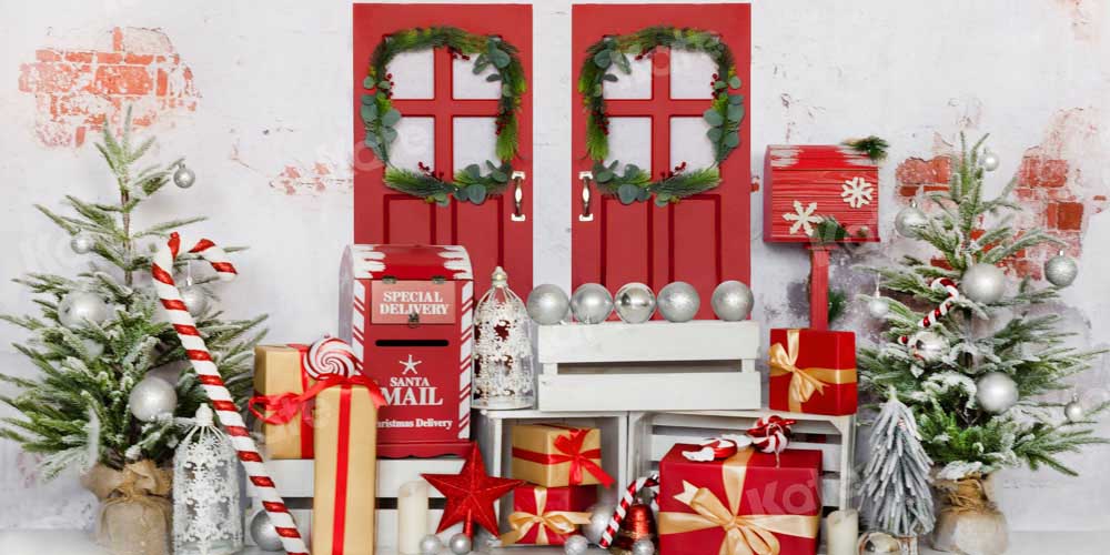 Kate Christmas Backdrop Red Wooden Door Winter Tree Designed by Chain Photography - Kate Backdrop AU