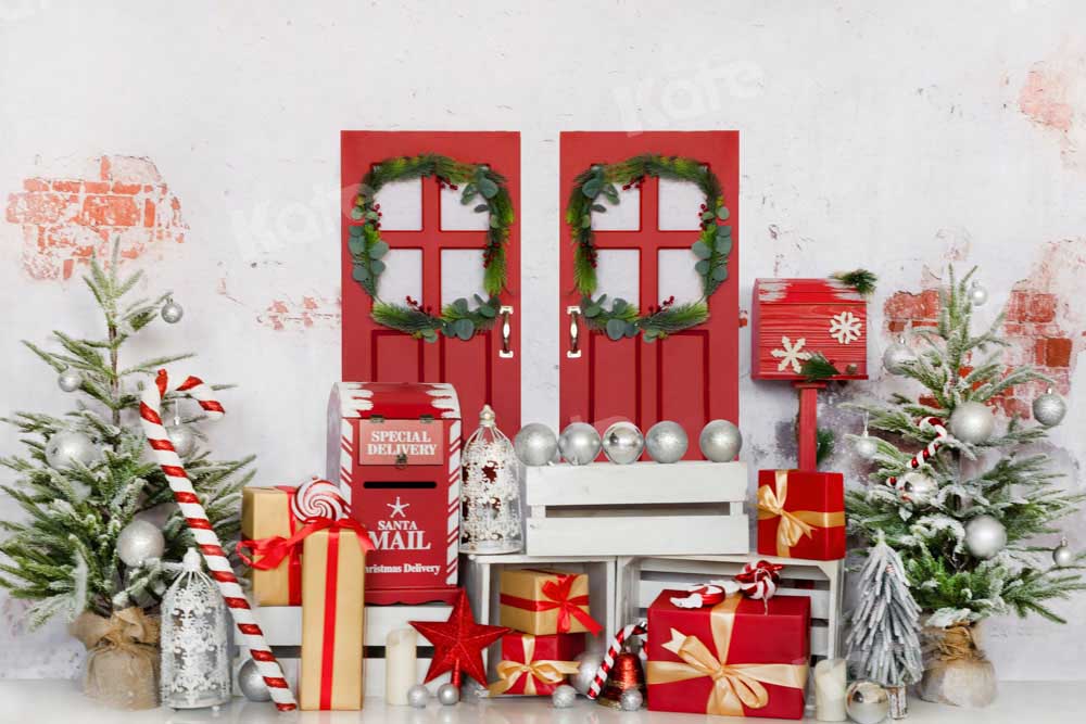 Kate Christmas Backdrop Red Wooden Door Winter Tree Designed by Chain Photography